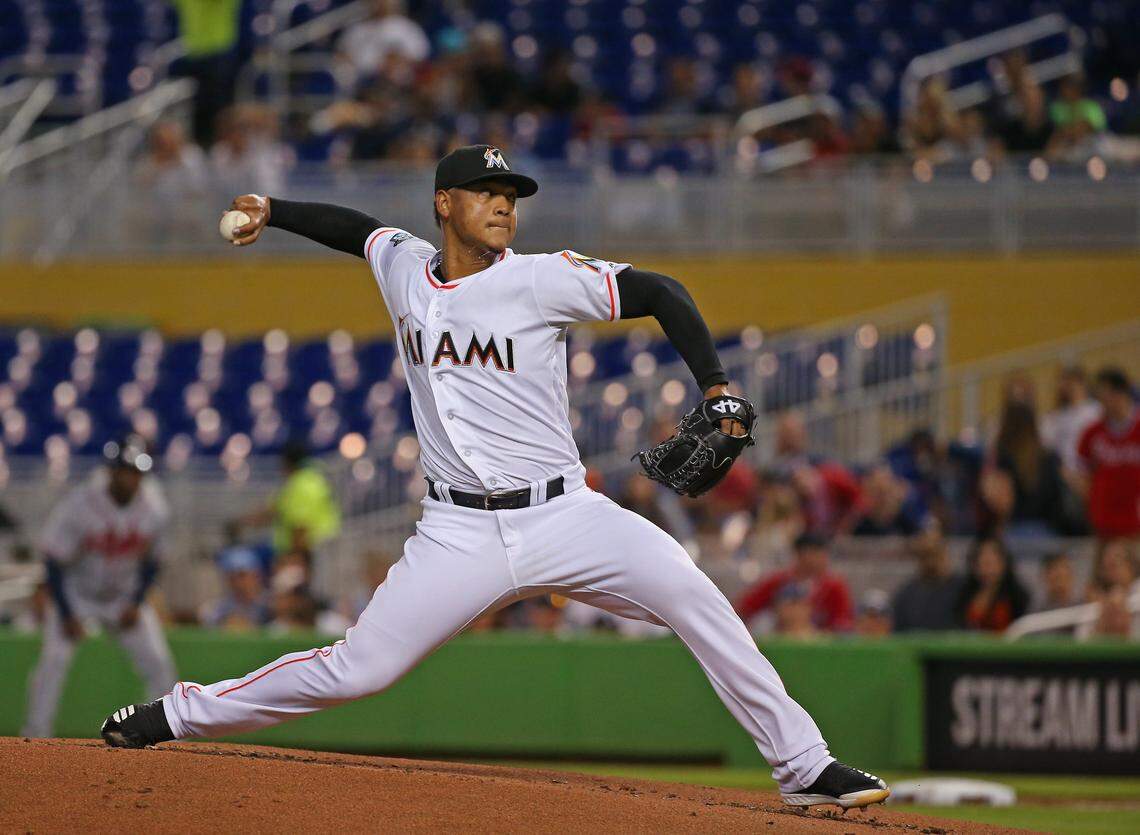  Miami Marlins pitcher Elieser Hernandez pitches during the first inning of a Major League Baseball interleague game against the New York Yankees at Marlins Park on Thursday, August 23, 2018.