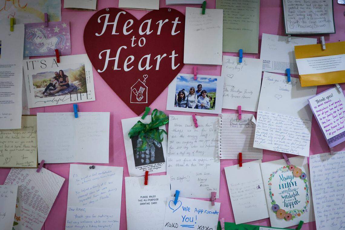 Letters, thank-you cards and other notes of gratitude are displayed on a board at the Ronald McDonald House on Wednesday, Feb. 18, 2026, in Miami.The seven-story $33 million complex, which is currently under construction on the Miami campus of Jackson Memorial Hospital, is expected to nearly double the charity’s existing housing capabilities and provide free lodging to more than 420 families annually. 