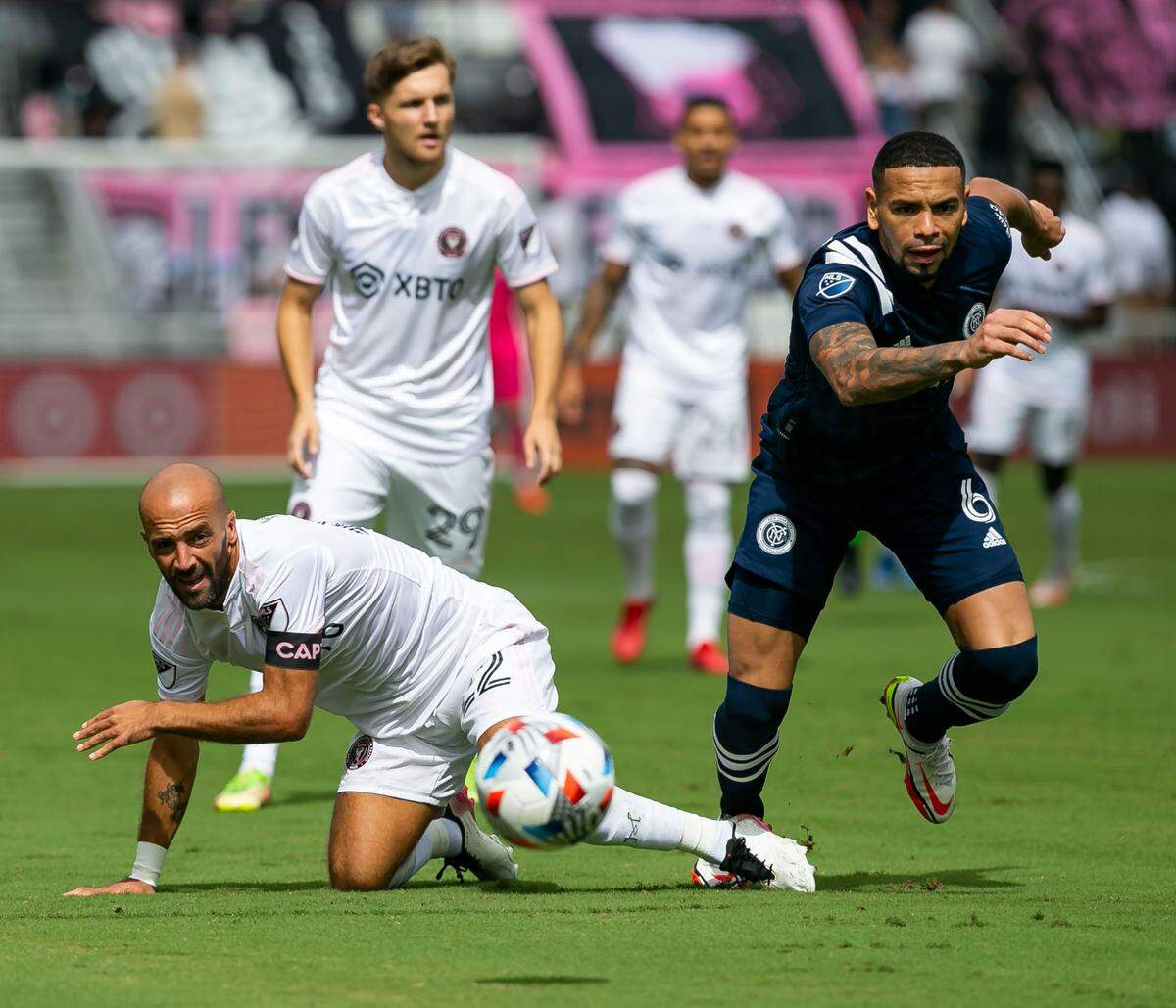 Inter Miami forward Federico Higuain (22) loses possession of the ball against New York City FC defender Alexander Callens (6) during the first half of their MLS soccer match at DRV PNK Stadium on Saturday, October 30, 2021, in Fort Lauderdale, Florida.