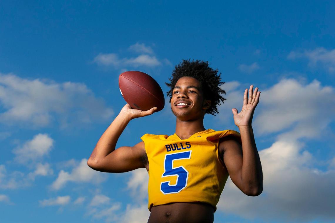 Dade Big School Football Offensive Player of the Year Taron Dickens, from Miami Northwestern High School, is photographed at A.D. Barnes Park in Miami, Florida on Thursday, January 13, 2022.