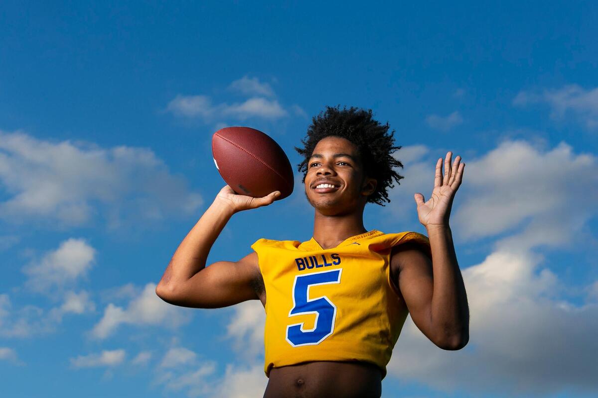 Dade Big School Football Offensive Player of the Year Taron Dickens, from Miami Northwestern High School, is photographed at A.D. Barnes Park in Miami, Florida on Thursday, January 13, 2022.