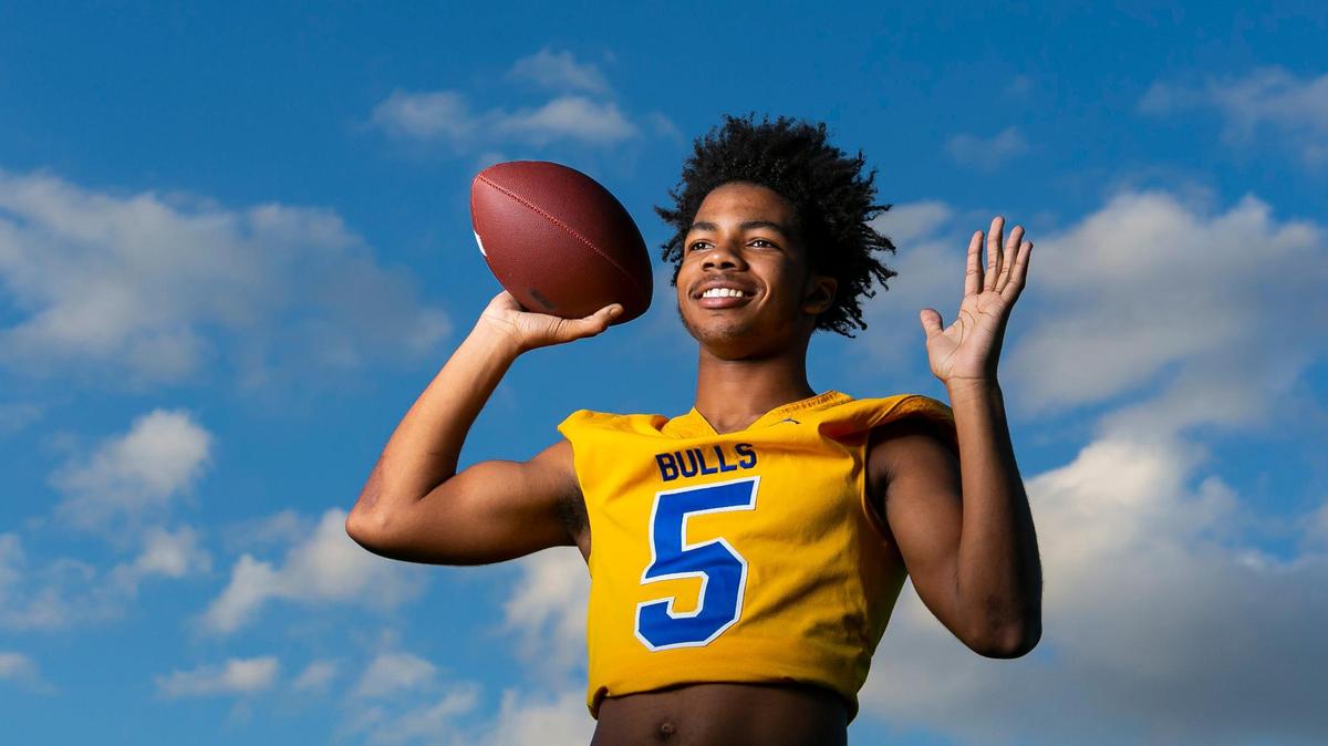 Dade Big School Football Offensive Player of the Year Taron Dickens, from Miami Northwestern High School, is photographed at A.D. Barnes Park in Miami, Florida on Thursday, January 13, 2022.