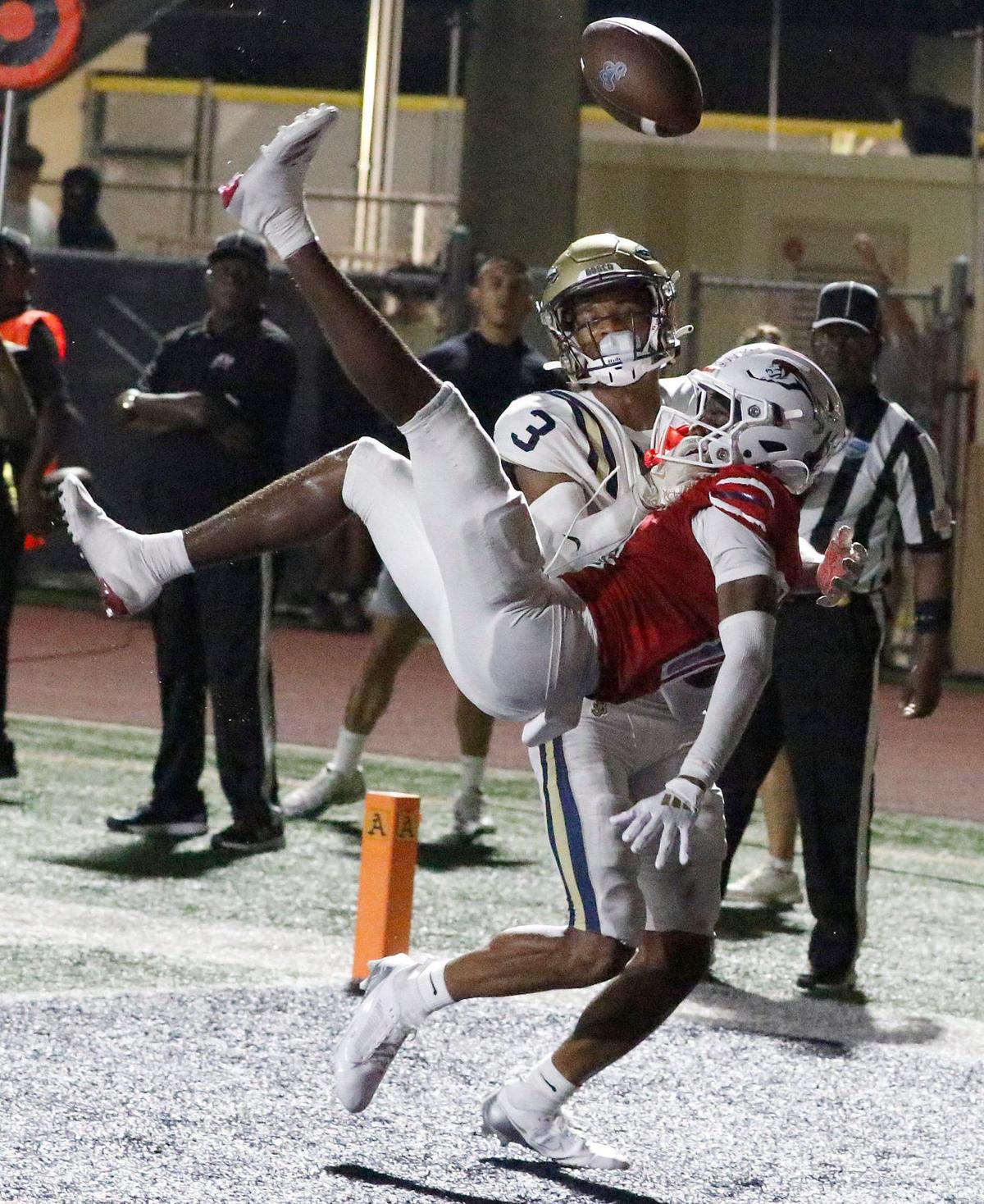 Chaminade-Madonna Kelly Sejour Jr. attempts to intercept a pass intended for California St. John Bosco wide receiver Daniel Odom during football game on Saturday, August 24, 2024 at St. Thomas Aquinas HS in Fort Lauderdale. Andrew Uloza / for Miami Herald