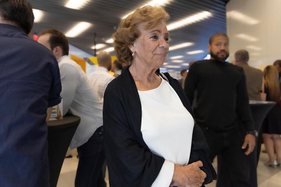 Barbara Walters, who now lives in Boca Raton, shows her Velocia app, a new app that rewards smart, multi-modal transit use at press conference in Miami, Florida on Thursday, December 5, 2019.