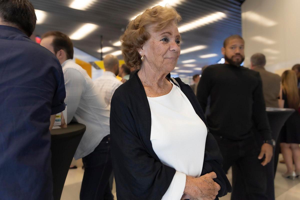 Barbara Walters, who now lives in Boca Raton, shows her Velocia app, a new app that rewards smart, multi-modal transit use at press conference in Miami, Florida on Thursday, December 5, 2019.