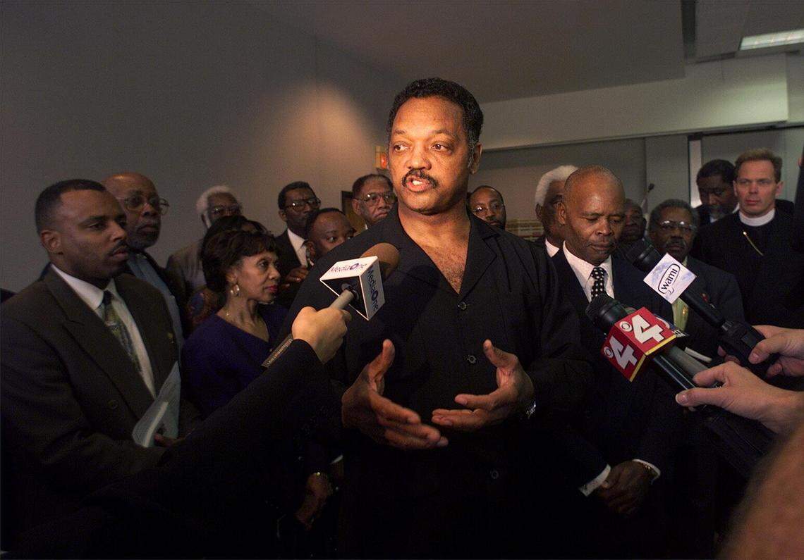 In 1999, the Rev. Jesse Jackson visits Miami to meet with local clergy to discuss the AIDS epicdemic in Black communities. After speaking to the people in the audience, he urged the clergy present to take an on-the-spot AIDS test, which they did.