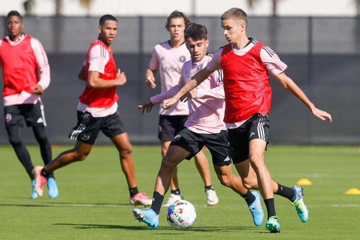 Inter Miami CF player Romeo Beckham protects the ball from midfielder Edison Azcona during the teams first training session prior to the start of the new MLS season at the teams training facility in Fort Lauderdale, Florida on Monday, January 17, 2022.