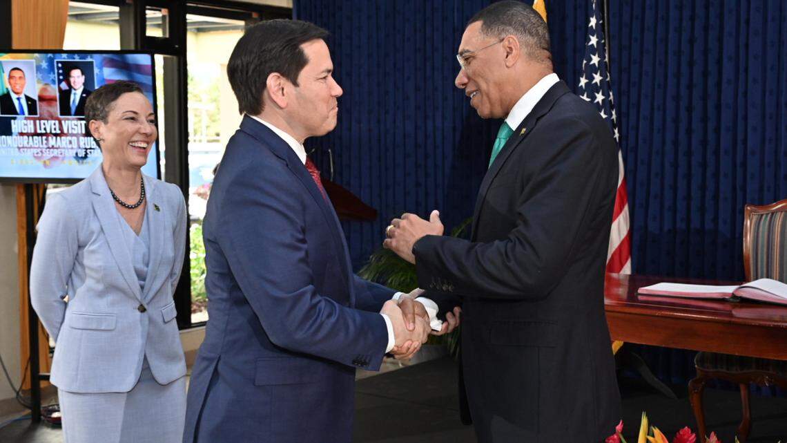 Secretary of State Marco Rubio, left, shakes hands with Jamaica’s Prime Minister Andrew Holness in Kingston, Jamaica, on March 26.