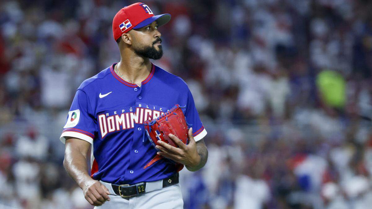 Dominican Republic pitcher Sandy Alcantara (7) walks off the field after the second inning during the World Baseball Classic against Venezuela at loanDept park on Wednesday, March 11, 2026.