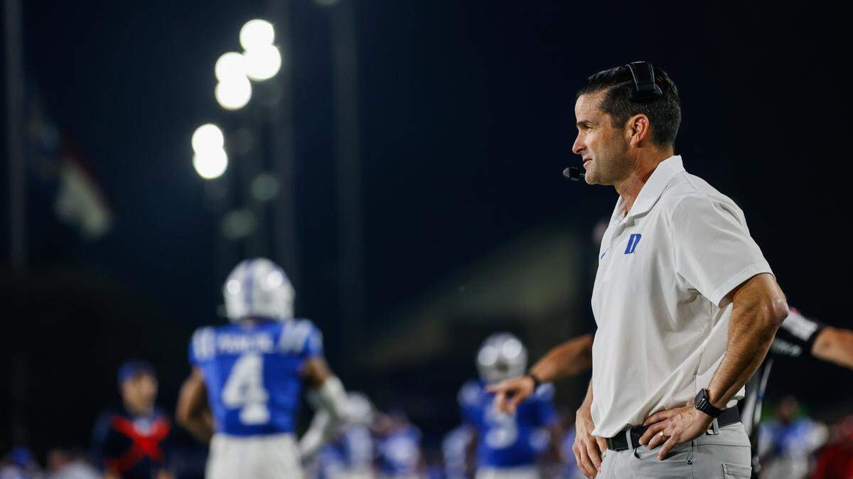 Oct 26, 2024; Durham, North Carolina, USA; Duke Blue Devils head coach Manny Diaz prior to the first half of the game against Southern Methodist Mustangs at Wallace Wade Stadium. Mandatory Credit: Jaylynn Nash-Imagn Images
