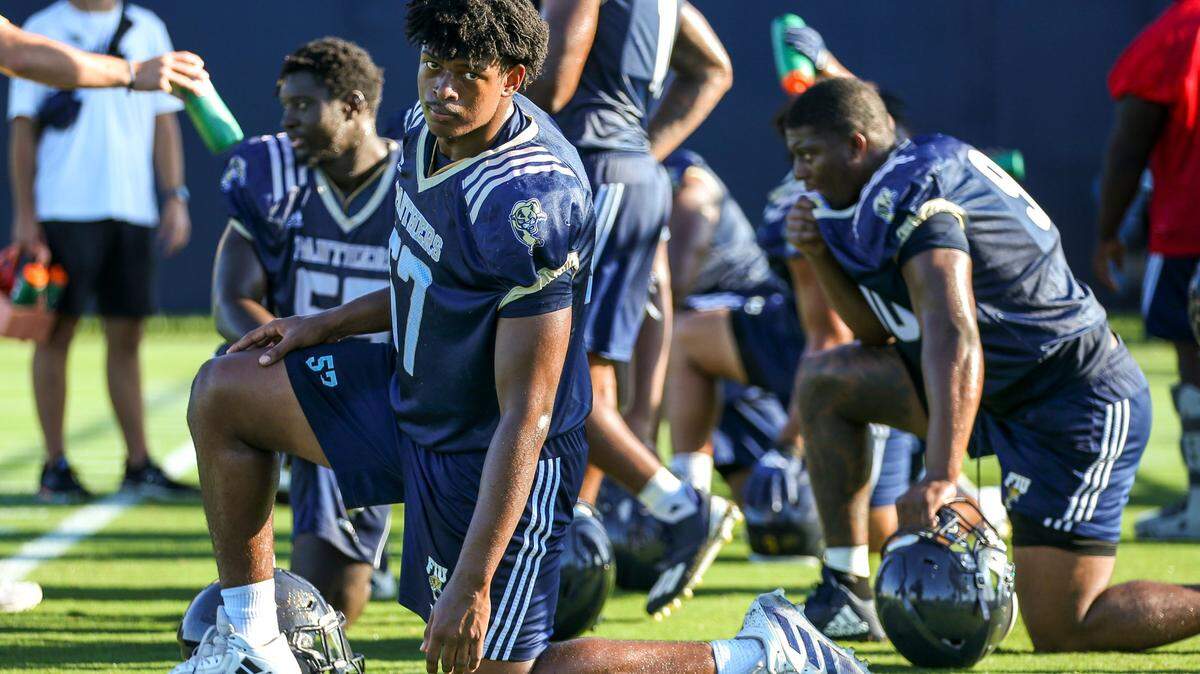 FIU defensive lineman Steven Shannon (57) watches from the sideline during football practice at Florida International University in Miami, Florida, on Tuesday, August 16, 2022.