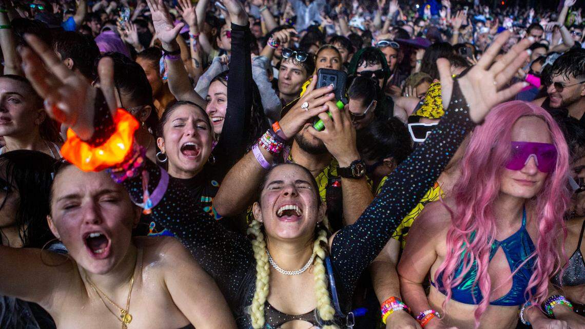 Festival goers react to the music during Ultra 2024 at Bayfront Park in Downtown Miami on Friday, March 22, 2024.