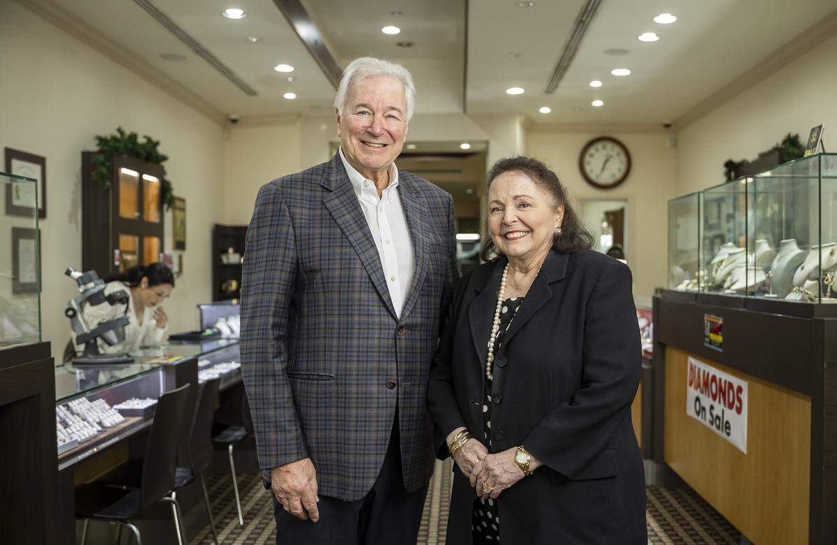 Eddie and his wife, Judy Snow, are photographed inside of their store, Snow's Jewelers, on Friday, Jan. 9, 2025, in Coral Gables, Fla. The jewelry shop, which has operated for more than 50 years, is closing its Miracle Mile location as owners Eddie and Judy prepare to retire in April.