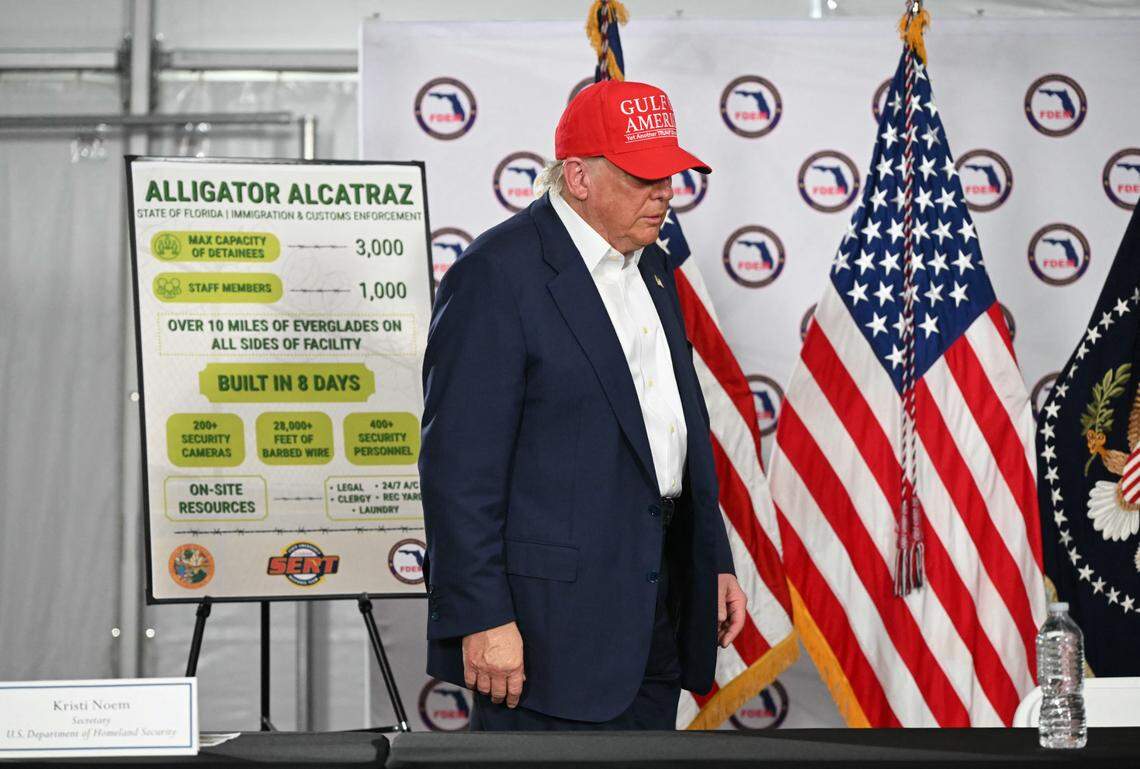 President President Donald Trump arrives to attend a roundtable discussion as he visits a migrant detention center, Alligator Alcatraz, in the Florida Everglades.