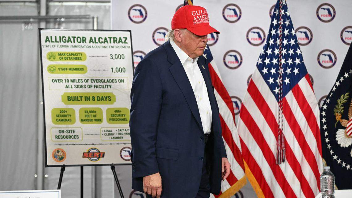 President President Donald Trump arrives to attend a roundtable discussion as he visits a migrant detention center,on July 1, 2025.