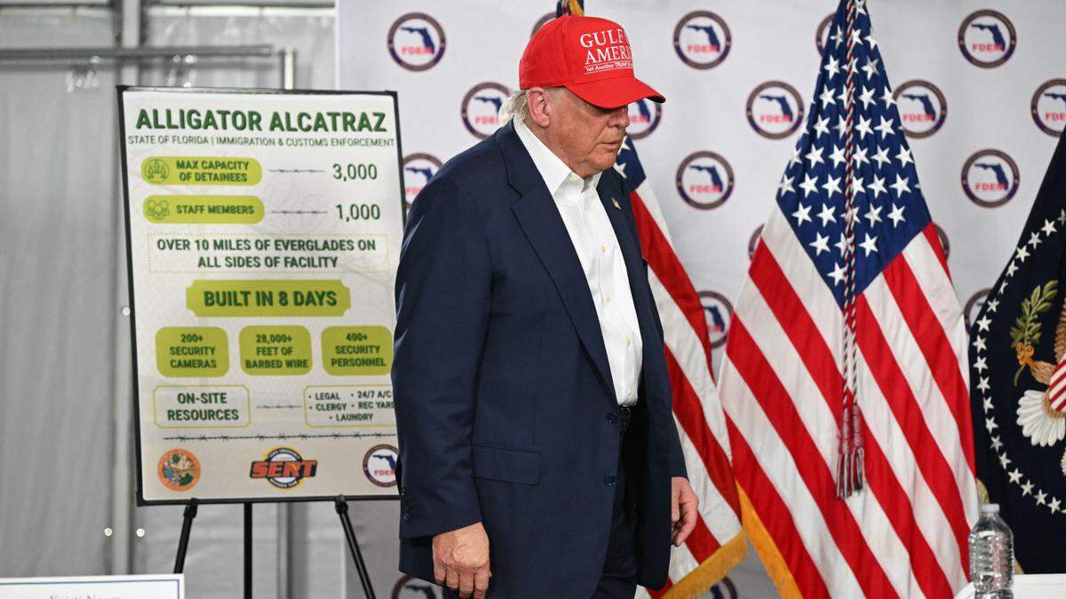 President President Donald Trump arrives to attend a roundtable discussion as he visits a migrant detention center,on July 1, 2025.