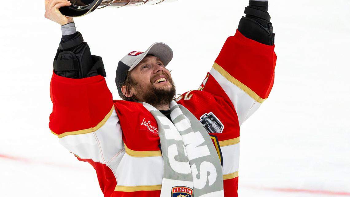 Florida Panthers goaltender Sergei Bobrovsky (72) lifts the Stanley Cup after the Panthers defeated the Edmonton Oilers in Game 7 of the NHL Stanley Cup Final at the Amerant Bank Arena on Monday, June 24, 2024, in Sunrise, Fla.