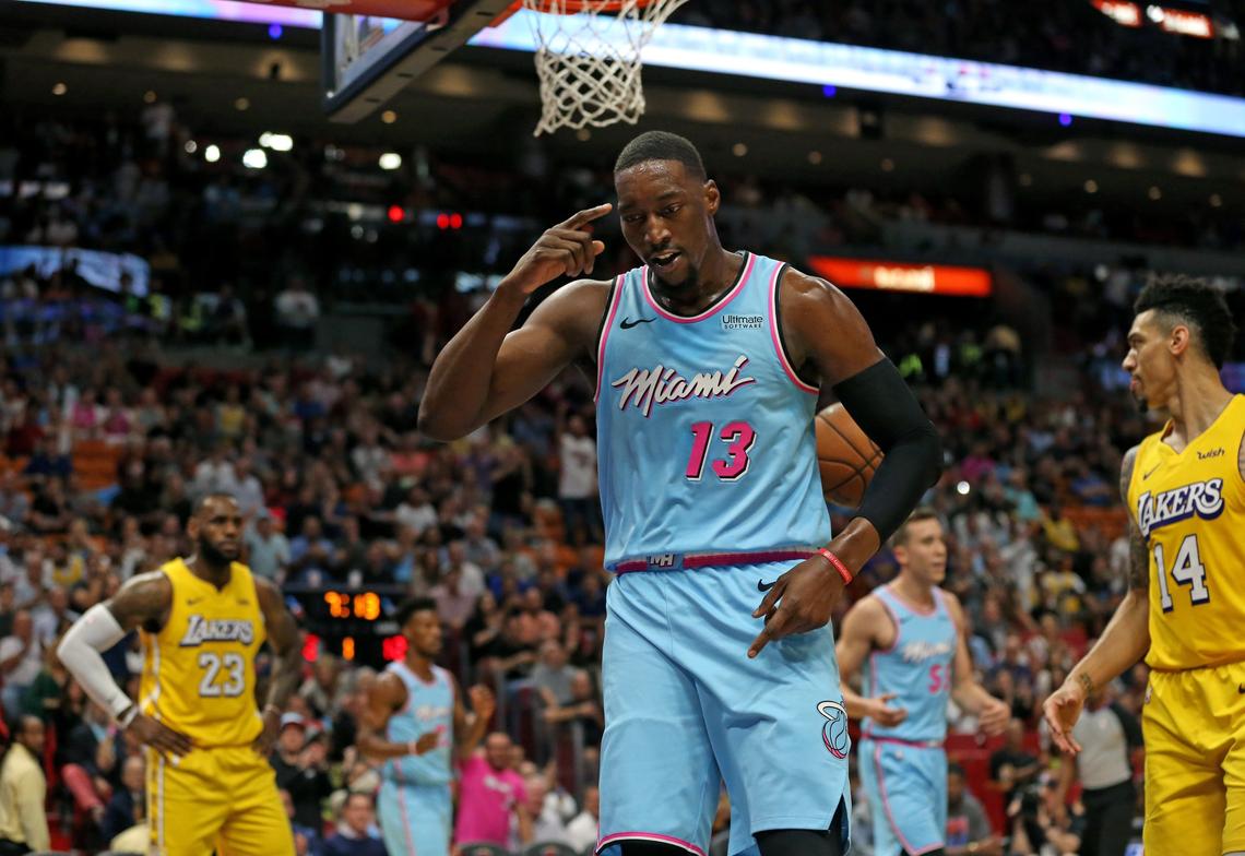 Miami Heat center Bam Adebayo (13) reacts after a play in the first quarter of an NBA basketball regular season game against Los Angeles Lakers at the AmericanAirlines Arena on Friday, December 13, 2019 in Miami.