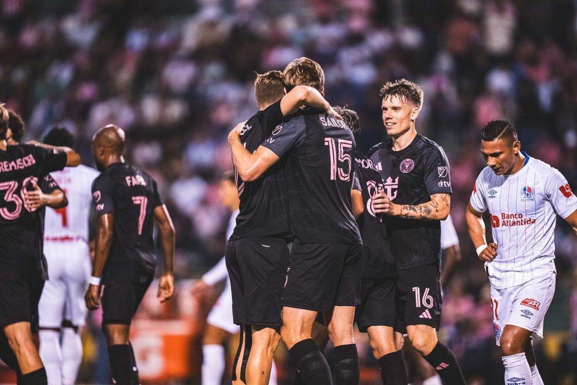 Defender Ryan Sailor celebrates his goal as Inter Miami beat Olimpia 5-0 in Honduras on Feb. 8, 2025.