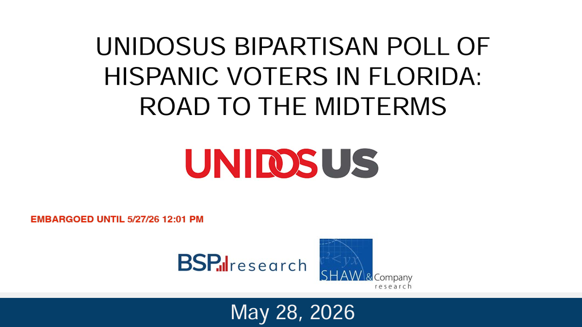 UnidosUS on May 27 released a new poll of Hispanic voters, a national survey of 3,000 registered Latino voters, including 500 registered Latino voters in Florida.