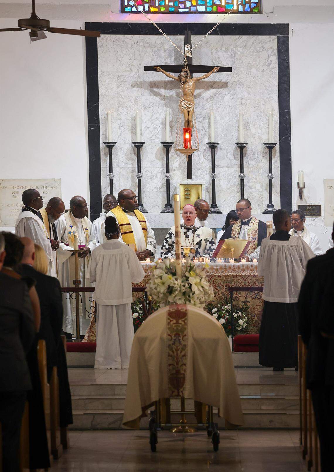 The closed casket of Thelma Gibson lying in repose as four generations of family members, dignitaries, politicians, friends, and Coconut Grove residents gathered at Christ Episcopal Church to honor Thelma Gibson, a community leader who died 10 months before her 100th birthday. The service was held at the church where Gibson was baptized on Friday, February 27, 2026, in Miami, Florida.