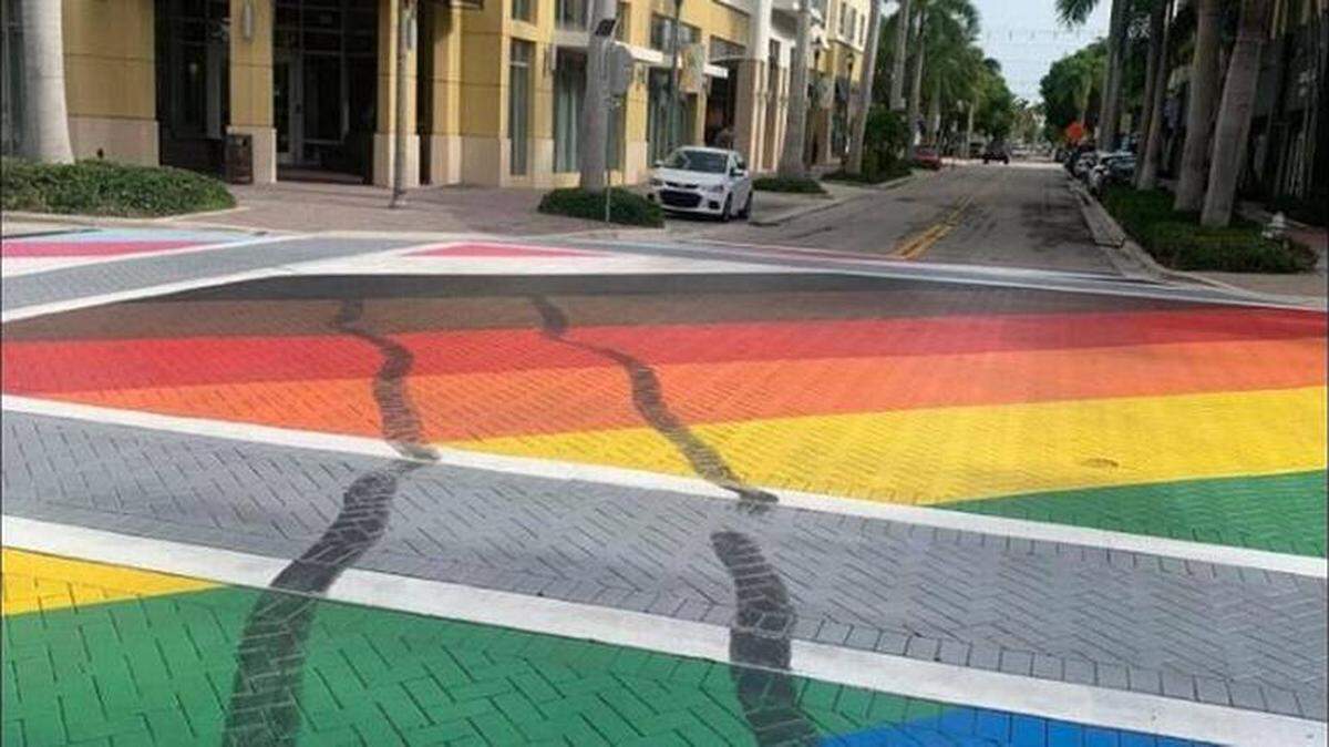The intersection of Northeast First Street and Second Avenue in Delray Beach in Palm Beach County was defaced with skidmarks across a Streetscape Pride mural that had just been installed in June.