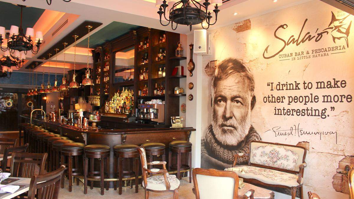 The interior of Sala’o Cuban Bar & Pescaderia pays homage to Ernest Hemingway.