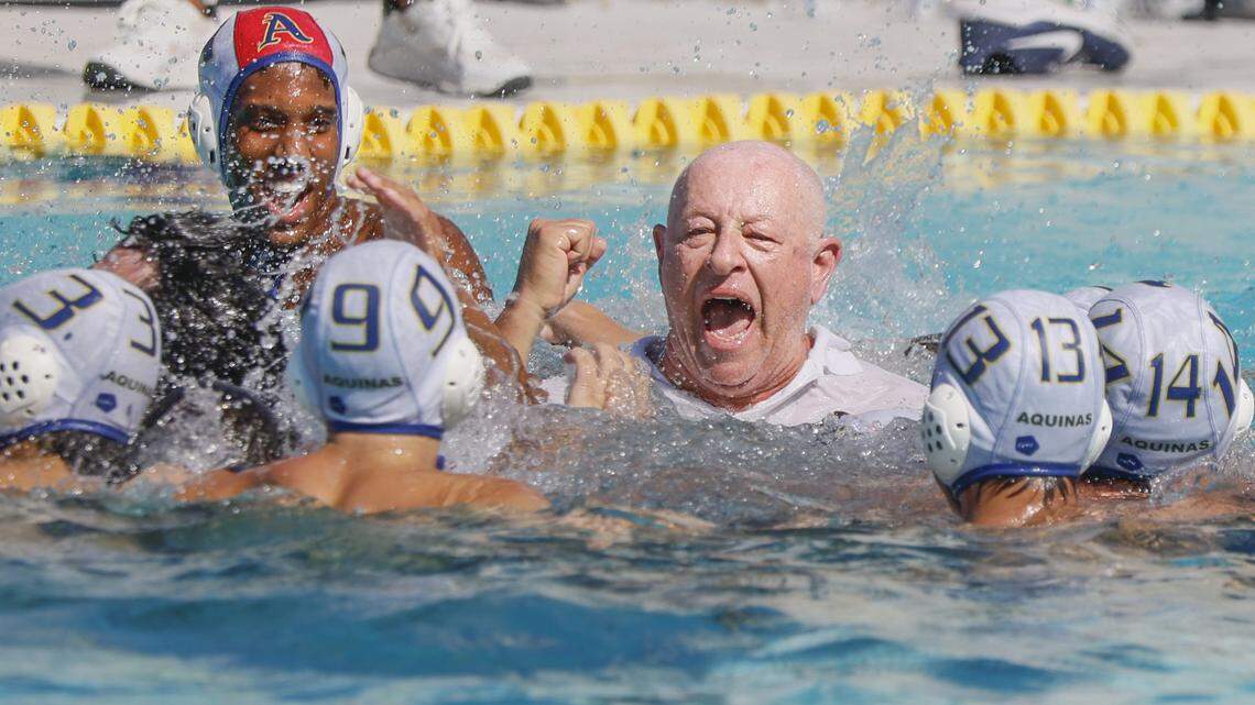 St. Thomas Aquinas High School coach Michael Goldenberg reacts after boys' water polo wins FHSAA State Championship game against Ransom Everglades at Belen Jesuit School in Miami, Florida, on Saturday, April 25, 2026.