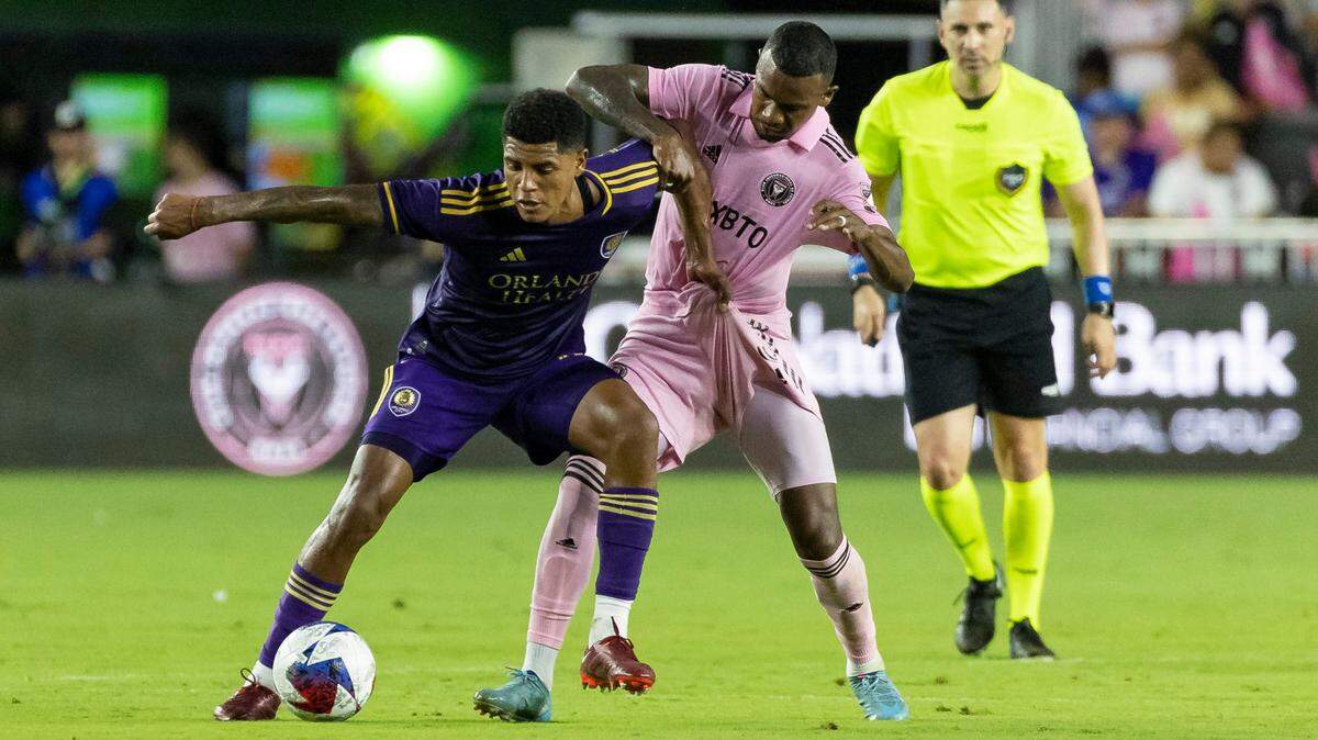 Inter Miami midfielder Dixon Arroyo (3) and Orlando City midfielder Wilder Cartagena (16) fight for possession of the ball in the first half of their MLS match at DRV PNK Stadium on Saturday, May 20, 2023, in Fort Lauderdale, Fla.
