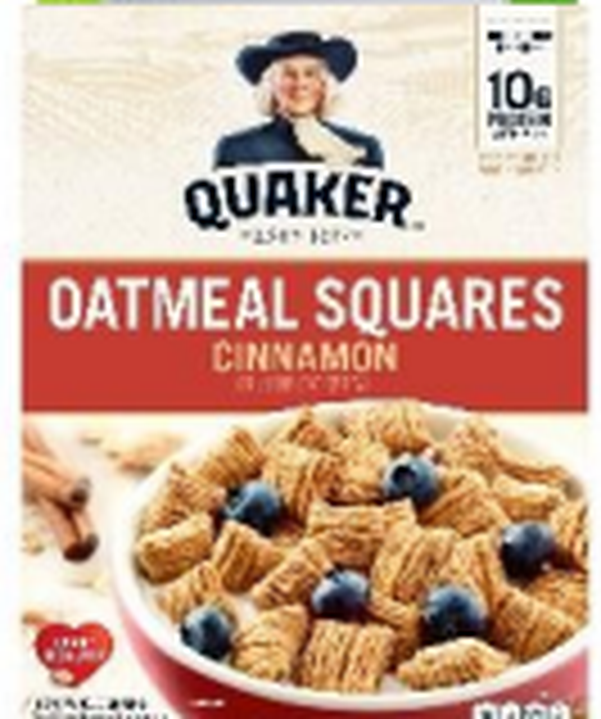 Quaker Oatmeal Squares cereal is included in two flavors, Cinnamon and Brown Sugar.