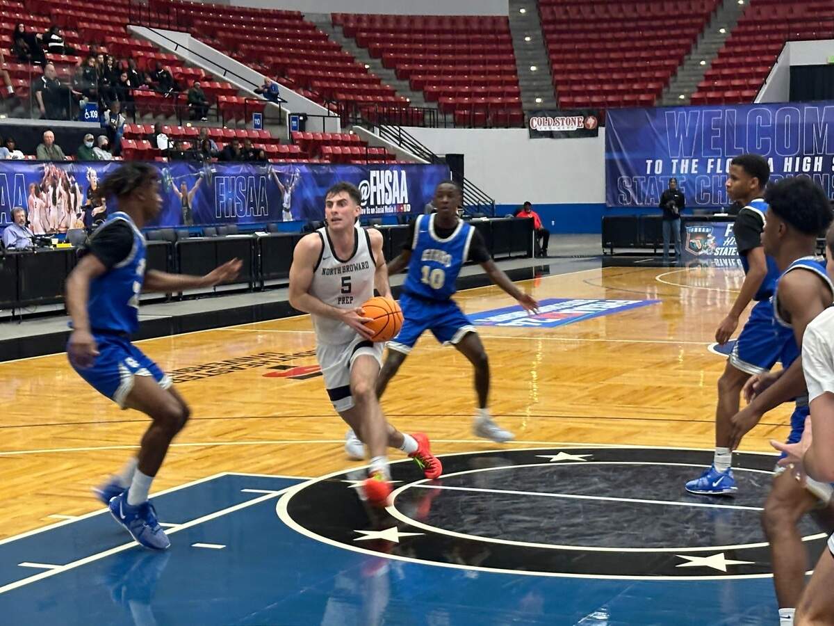 North Broward Prep’s Enrico Borio drives to the hoop during Thursday’s Class 4A boys basketball state semifinal against St. Petersburg Gibbs at the RP Funding Center in Lakeland, Fla.