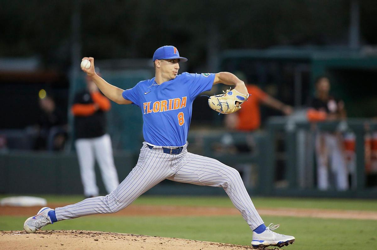 Florida Gators starting pitcher Brandon Sproat delivers against UM Hurricanes during the baseball game on Saturday, March 5, 2022 at Alex Rodriguez Park at Mark Light Field in Coral Gables. Andrew Uloza / for THE MIAMI HERALD