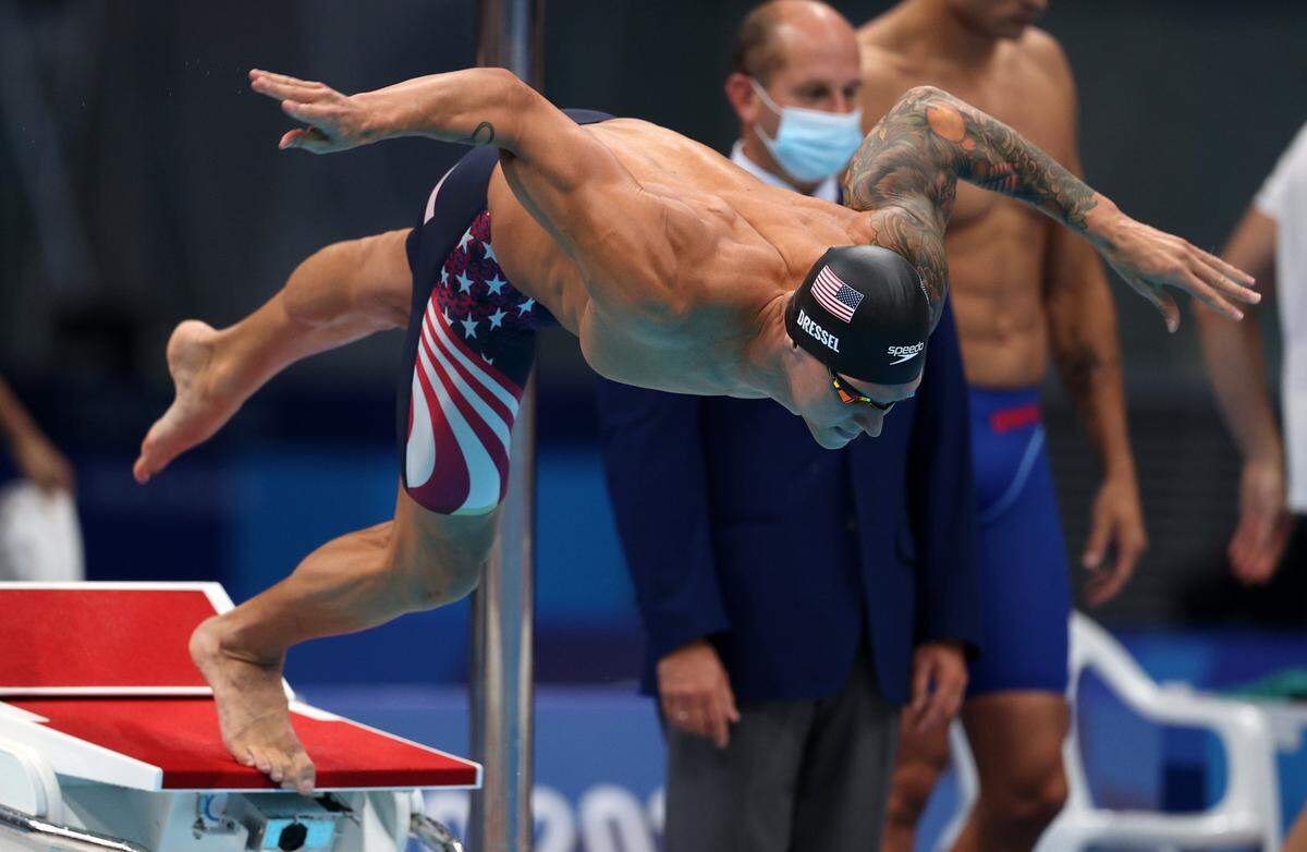 U.S. swimmer Caeleb Dressel on his way to a gold medal in the 4 x 100m freestyle relay at the Tokyo Olympics in 2021.