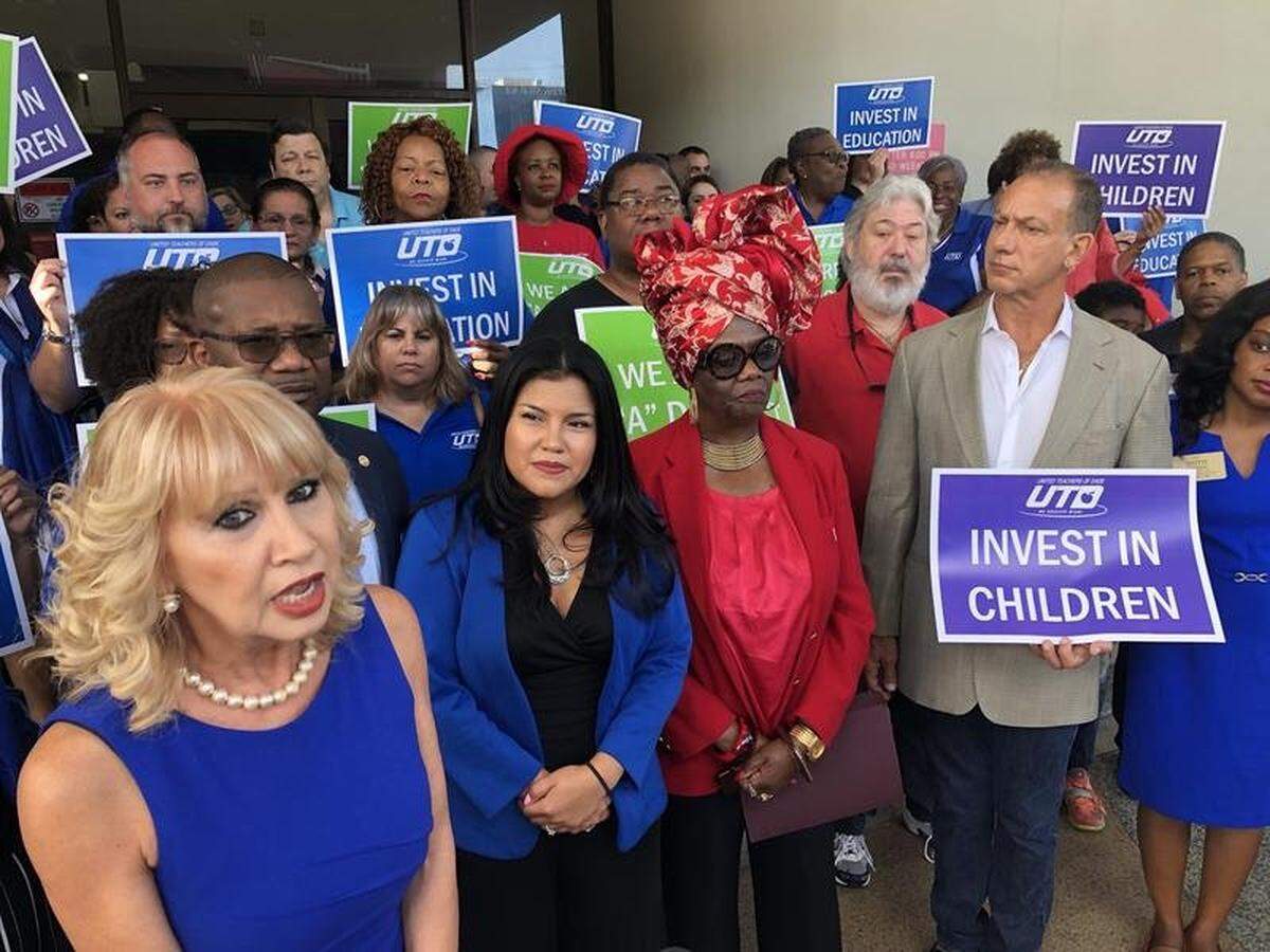 From left, Miami-Dade County school board member Mari Tere Rojas, United Teachers of Dade President Karla Hernandez-Mats and board member Dorothy Bendross-Mindingall offer support for a referendum to raise property taxes in 2018.