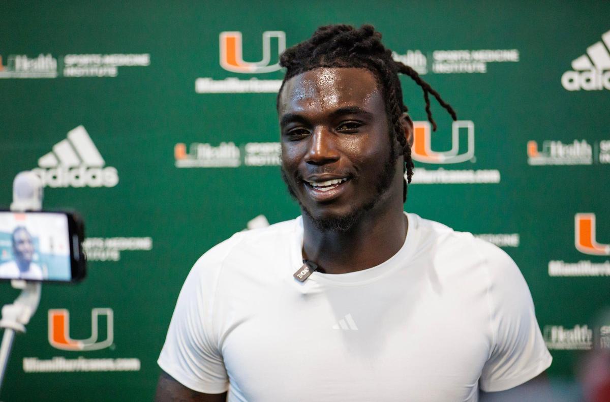 Miami Hurricanes safety James Williams (20) speaks with the media after fall training camp at the Carol Soffer Indoor Practice Facility at the University of Miami on Wednesday, August 2, 2023 in Coral Gables, Florida.