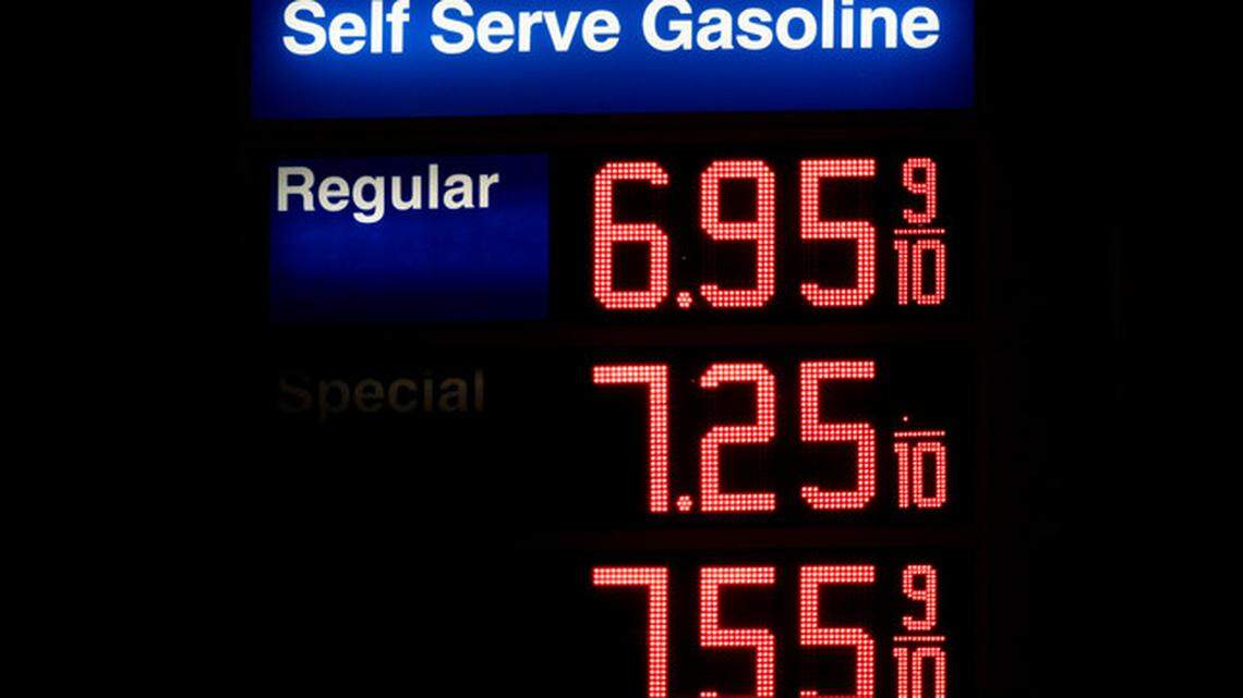 Ballooning prices at gas pumps have been leading consumer inflation in South Florida and nationwide over the past 12 months. This file photo shows gas prices at a Mobil gas station in West Hollywood, Calif., on March 8, 2022.