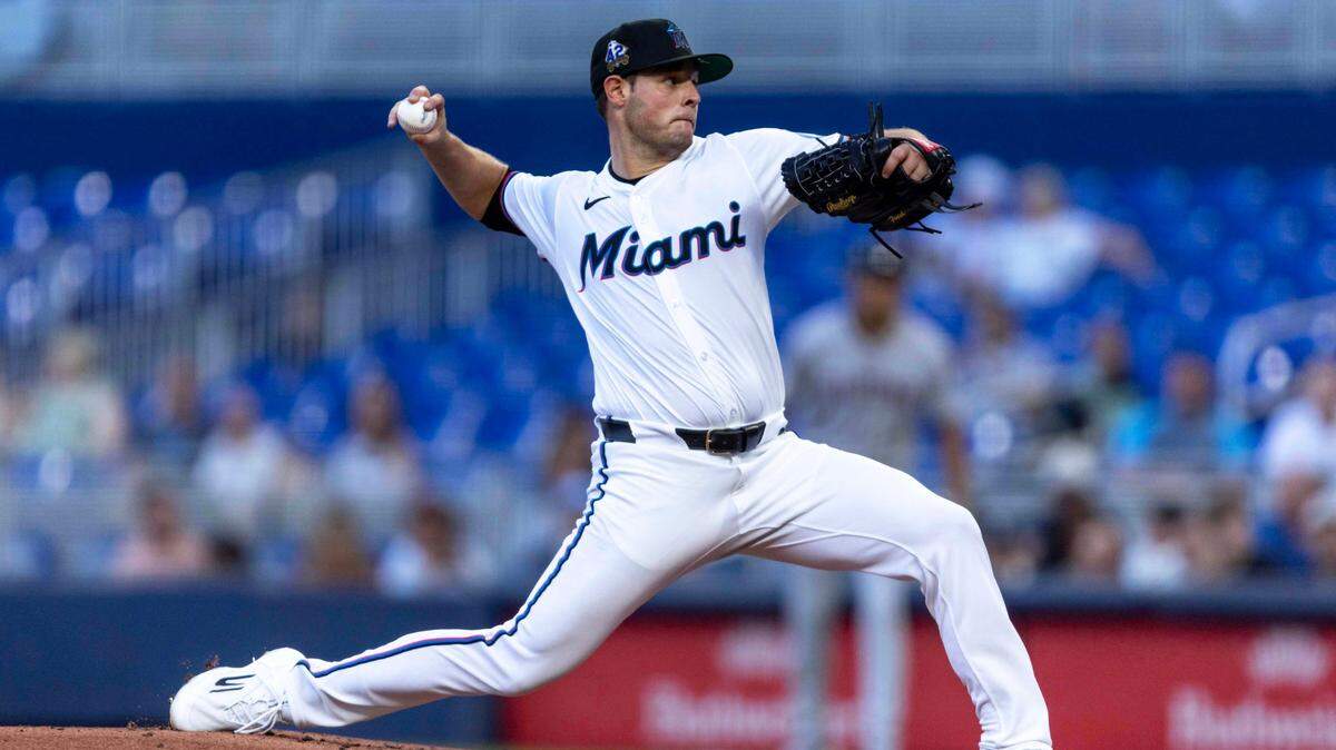 Miami Marlins starting pitcher Connor Gillispie (55) throws the ball during the first inning of an MLB game against the Arizona Diamondbacks at loanDepot park on Tuesday, April 15, 2025, in Miami, Fla. In honor or Jackie Robinson Day all players are wearing the number 42 on their jerseys.