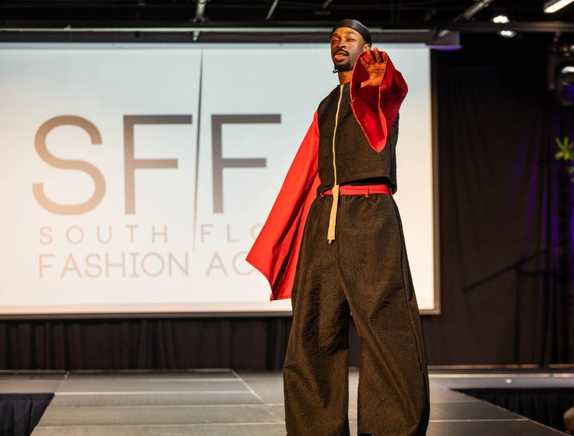 A model shows off a design by Terreek Guillaume at the South Florida Fashion Academy’s Second Annual Student Fashion Show at the L.A. Lee YMCA/Mizell Community Center on Friday, June 7, 2024, in Fort Lauderdale, Florida.