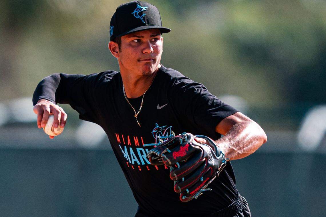 Miami Marlins shortstop prospect Jose Salas goes through drills during the Marlins’ instructional league at Jupiter’s Roger Dean Chevrolet Stadium Complex.