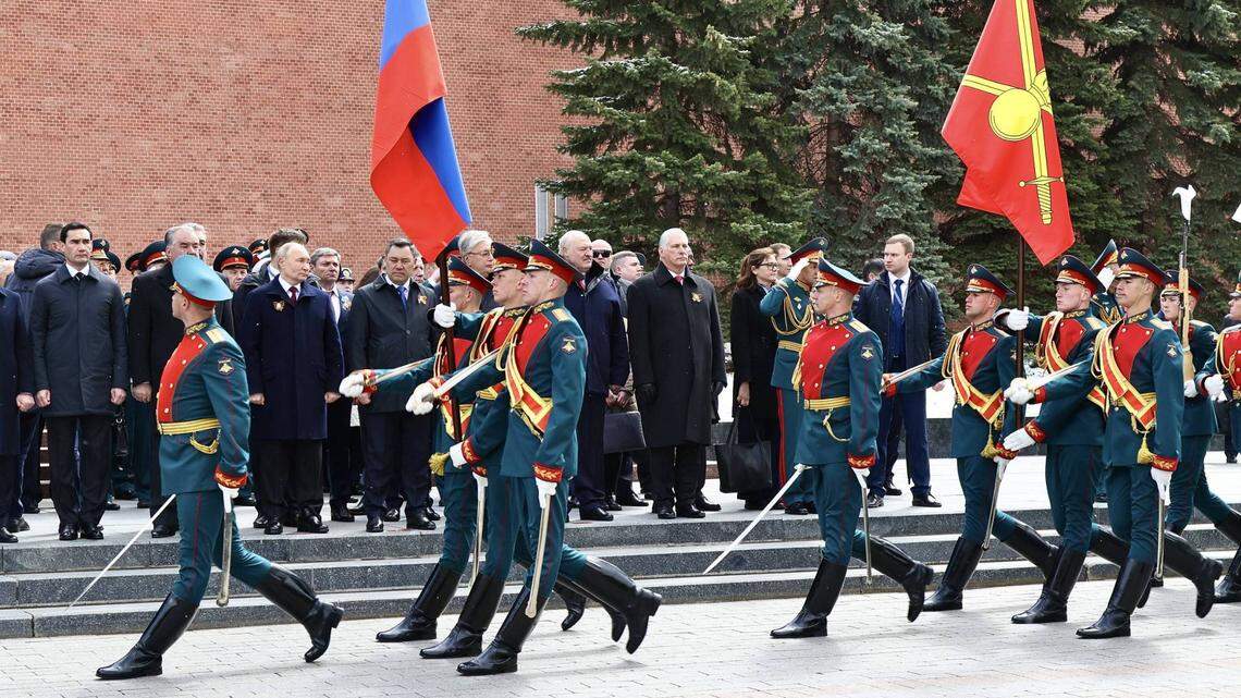 Cuban leader Miguel Díaz-Canel stood next to President Alexander Lukashenko of Belarus during the military parade to mark Victory Day at the Kremlin in Moscow on May 9, 2024.