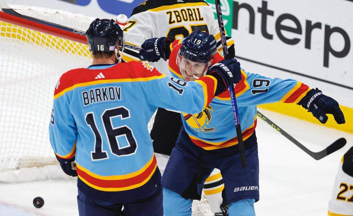 Florida Panthers center Aleksander Barkov (16) celebrates with teammate Panthers left wing Matthew Tkachuk (19) after scoring a power play goal during the second period of an NHL game against the Boston Bruins at FLA Live Arena on Wednesday, November 23, 2022 in Sunrise, Fl.