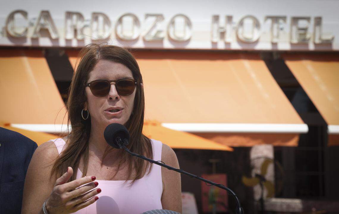 Miami Beach Commissioner Kristen Rosen Gonzalez speaks at a press conference on Ocean Drive on April 29, 2025.