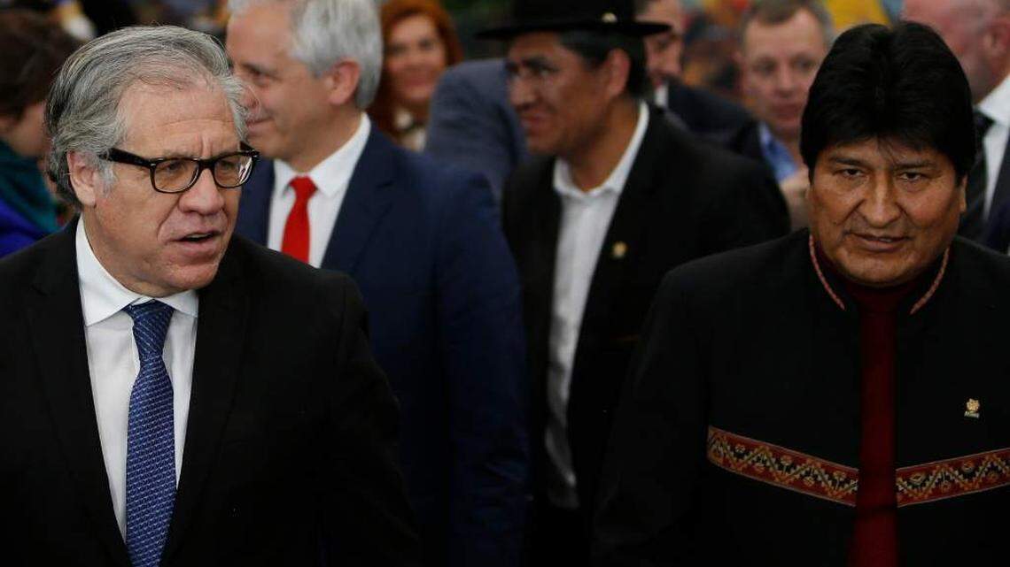OAS President Luis Almagro, left, seeking re-election to the post, appears to be courting Bolivian President Evo Morales by supporting his unconstitutional bid to remain in office.