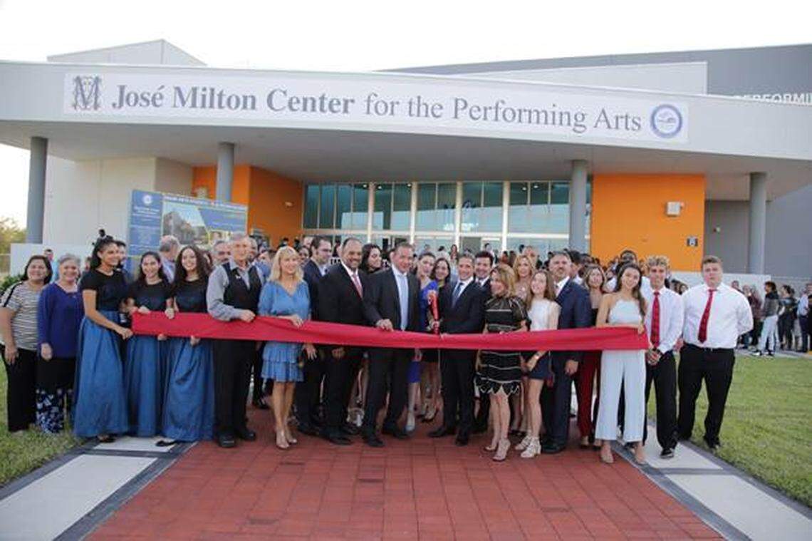 Superintendent Alberto Carvalho of Miami-Dade County, center, joins school board members during a ribbon-cutting event at the Miami Arts Studio 6-12 at Zelda Glazer ahead of the Bahamas Benefit Concert held earlier this month. Carvalho is pictured with Lawrence Feldman, Mari Tere Rojas, Marta Pérez, José Milton Foundation members, Principal Miguel Balsera, district representatives, and student performers.
