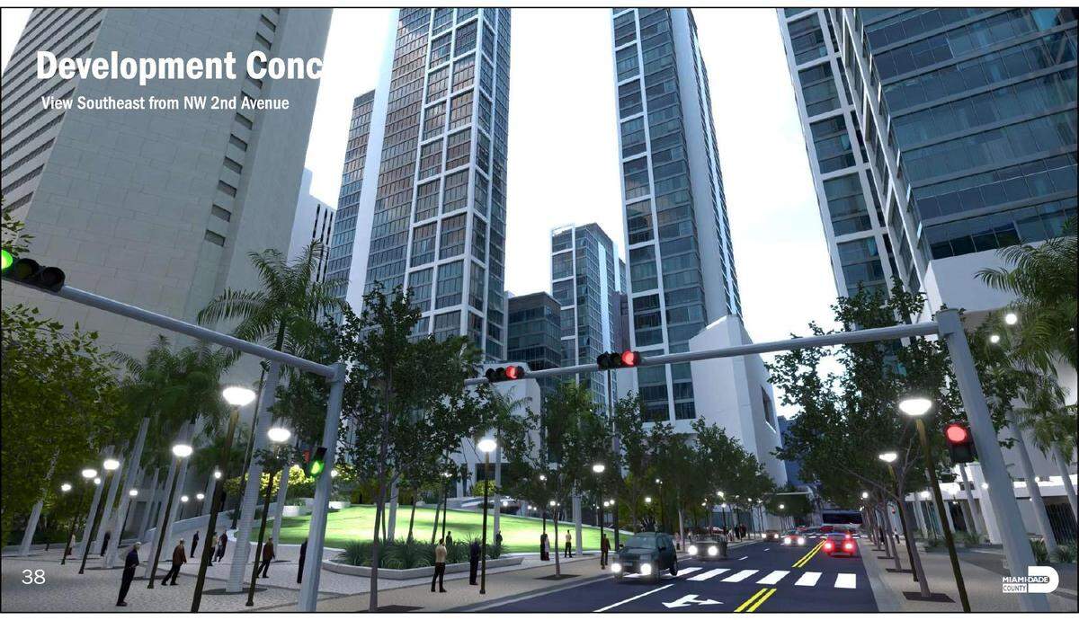 A Miami-Dade County conceptual rendering depicts how a private developer might create a new transit-focused, high-rise residential, civic and commercial neighborhood on public land surrounding downtown’s Stephen P. Clark Government Center, at left.