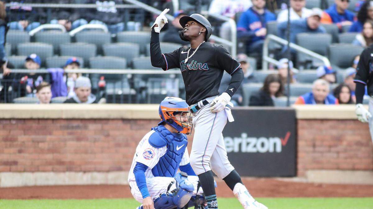 Apr 8, 2023; New York City, New York, USA; Miami Marlins center fielder Jazz Chisholm Jr. (2) celebrates after hitting a solo home run in the sixth inning against the New York Mets at Citi Field. Mandatory Credit: Wendell Cruz-USA TODAY Sports