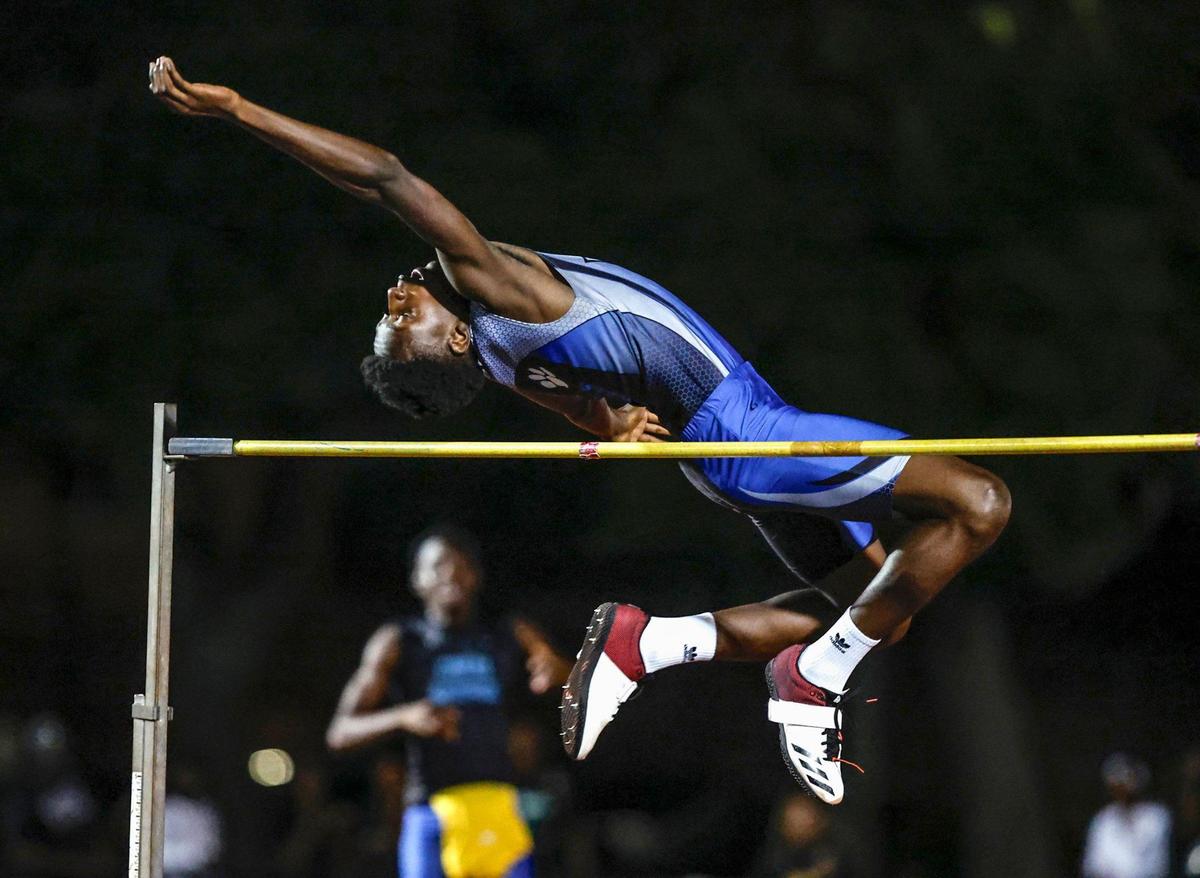 Dillard High’s Rochard Saintilus wins the Boy’s High Jump during the 2024 BCAA Track and Field Championship at Dillard High School in Fort Lauderdale, Florida on Friday, April 5, 2024.