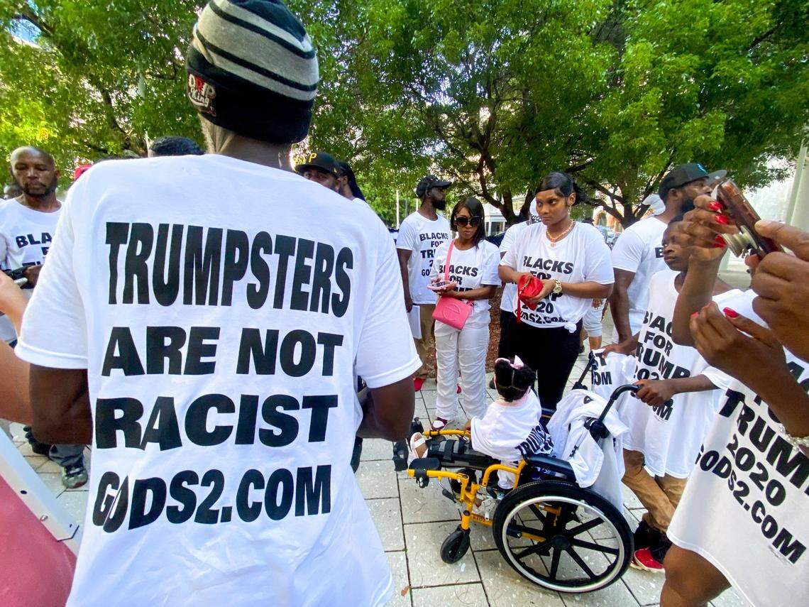 ‘Blacks for Trump’ demonstrators rally to support former President Donald Trump outside the Wilkie D. Ferguson Jr. U.S. Courthouse, Tuesday, June 13, 2023. Trump will be arraigned there on Tuesday afternoon.