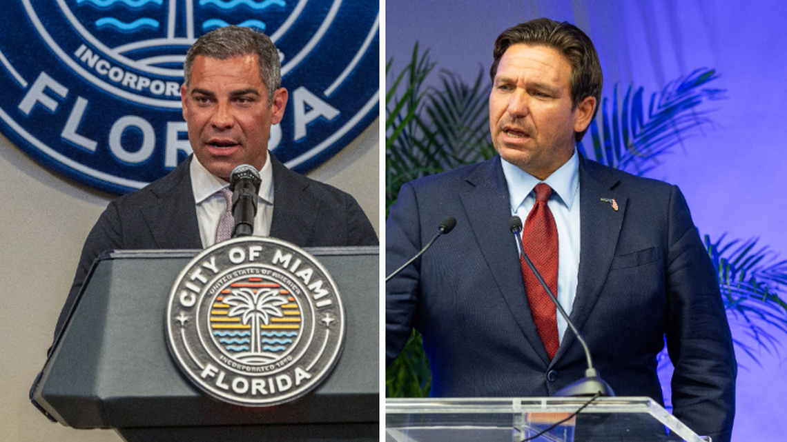 Miami Mayor Francis Suarez, left, and Florida Gov. Ron DeSantis, right