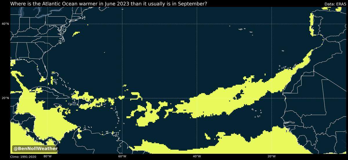 Mapa que muestra los lugares del océano Atlántico tropical donde las temperaturas del 17 de junio fueron superiores a las temperaturas promedio de los mismos lugares en septiembre.
